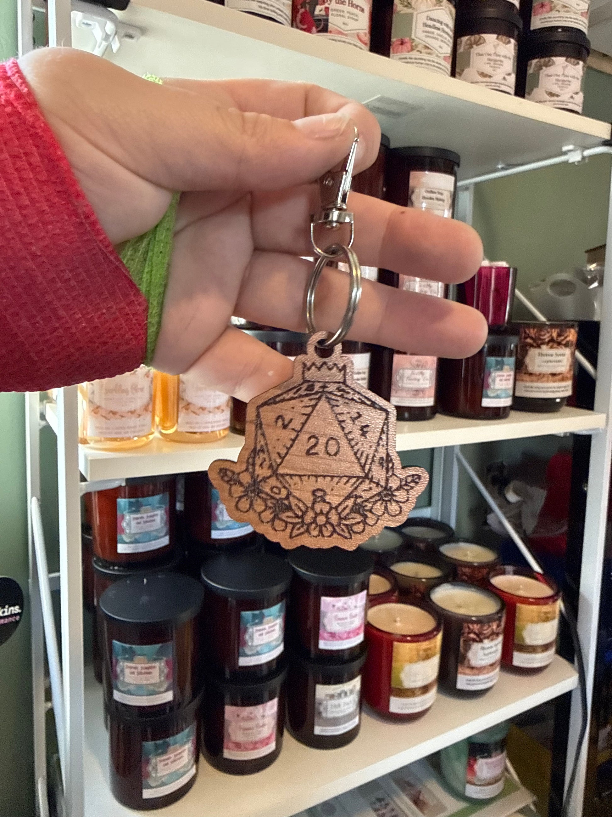 Laser-Cut Wooden D20 Keychain